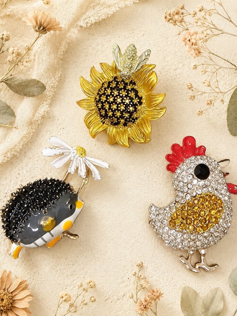 Set of 3 Animal Brooches Pins Chick Hedgehog Bee on Sunflowers